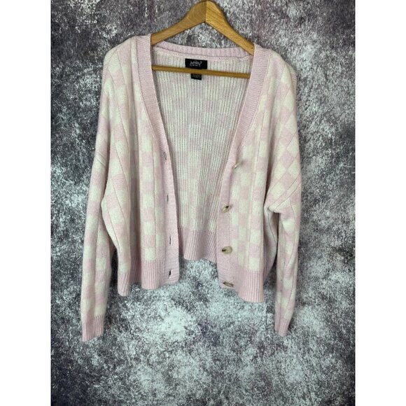 Just Polly Cardigan Sweater Womens S pink Knit Checked Oversized Preppy Coquette - Picture 1 of 11